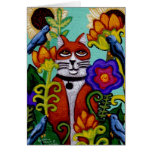 Cat and Four Birds Greeting Card