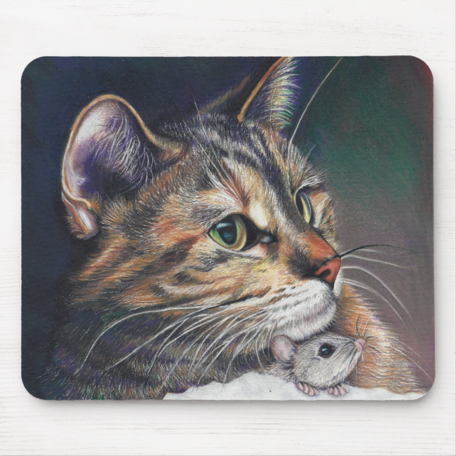 cat and mouse color pencil drawing on mouse pad