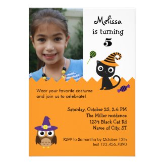 Cat and Owl Halloween Birthday Photo Invitation