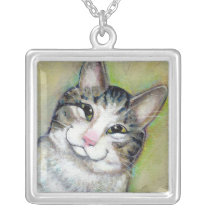 Cat art fun portrait My Middle Name is Trouble necklaces