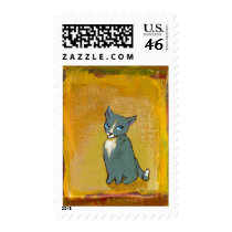 Cat art goofy cute trouble funny little painting postage stamp