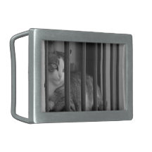 Cat at Window Black & White Photo Belt Buckle