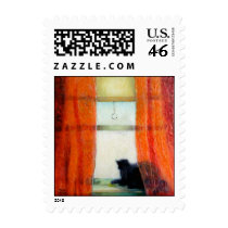 Cat at Window with Red Curtains Stamp