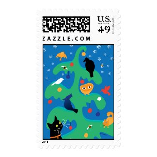 Cat Bird Tree Holiday Postage