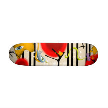 Cat bird tree poppy cream flower retro skateboard