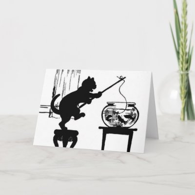 Cat Black/White Silhouette Fishing in Fish Bowl Cards by kimmyklassickorner