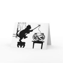 Cat Black/White Silhouette Fishing in Fish Bowl cards