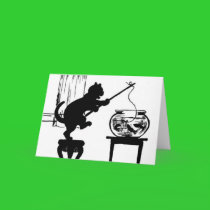 Cat Black/White Silhouette Fishing in Fish Bowl cards