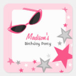Cat Eye Sunglasses & Stars Pink Birthday Party Square Stickers