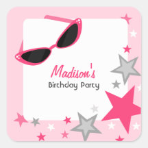 Cat Eye Sunglasses & Stars Pink Birthday Party Square Stickers