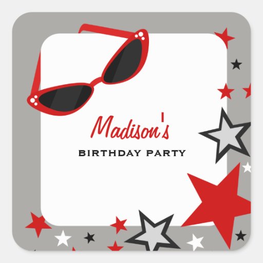 Cat Eye Sunglasses & Stars Red Birthday Party Stickers