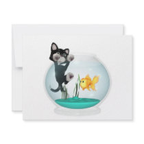 cat hanging on fishbowl invitation