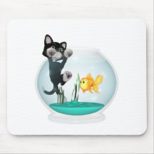 cat hanging on fishbowl mousepads