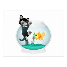 cat hanging on fishbowl postcard