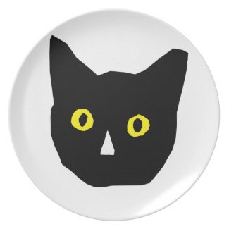 cat head black yellow eyes cartoon dinner plate
