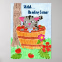 Cat in apple basket , reading corner poster
