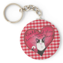 Cat in Heart with red and white gingham background Key Chains