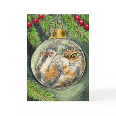 Cat in the Christmas ornament card card
