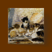 Cat & Kittens asleep in the Artist's Studio buttons