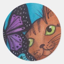 Cat Kitty and Butterfly Round Sticker