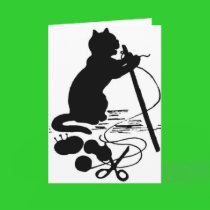 Cat Knitting Silhouette Black/White Greeting Card