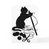 Cat Knitting Silhouette Black/White Greeting Card