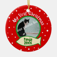 Cat My First Christmas Red and Green Pet Photo Double-Sided Ceramic Round Christmas Ornament