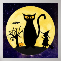 Cat on a Halloween Moon Poster Print