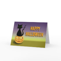Cat on Pumpkin Happy Halloween Card cards