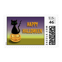 Cat on Pumpkin Happy Halloween Postage Stamps stamps
