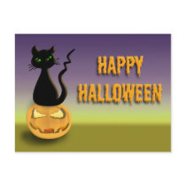 Cat on Pumpkin Happy Halloween Postcard postcards
