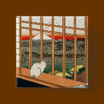 Cat on Window - Japanese Art by Hiroshige 歌川広重 buttons