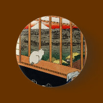 Cat on Window - Japanese Art by Hiroshige 歌川広重 buttons