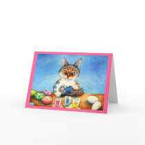 Cat painting Easter eggs with tail Greeting Cards
