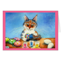 Cat painting Easter eggs with tail Greeting Card