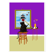 Cat Painting Light house+Hearts Postcard