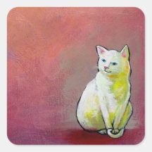 Cat painting white kitty sitting for fun cute art square sticker