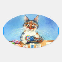 Cat paints Easter eggs with tail oval sticker