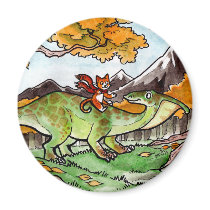 Cat Rides a Dinosaur Refrigerator Magnet