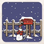 Cat sitting near a mailbox in snowfall square paper coaster