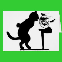 Cat Staring in Fish Bowl Black & White Silhouette cards