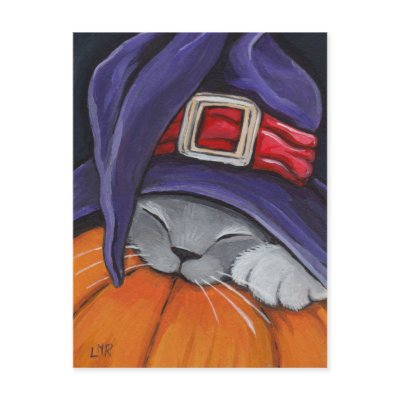 Cat Wearing A Witches Hat Halloween Postcard