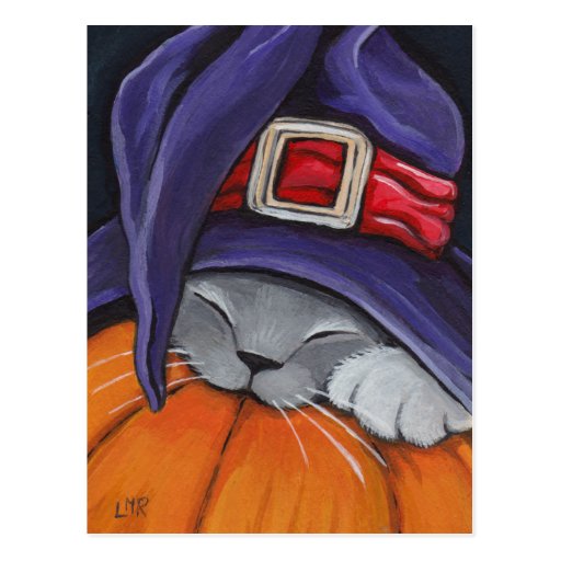 Cat Wearing A Witches Hat Halloween Postcard