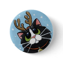 Cat Wearing Reindeer Antlers - Xmas Cat Art Button