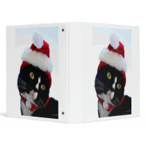Cat wearing santa hat photograph, BW kitty Binders