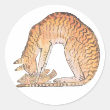 cat with fish round sticker