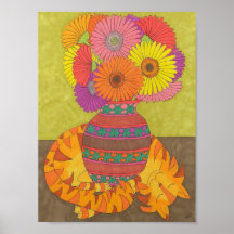 Cat with Gerbera Daisies in Talavera Vase Posters