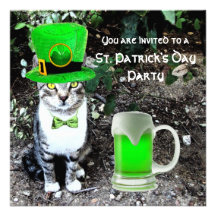 CAT WITH GREEN IRISH BEER ST PATRICK'S DAY PARTY PERSONALIZED ANNOUNCEMENTS