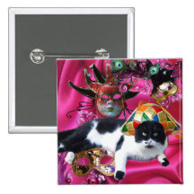 CAT WITH HARLEQUIN HAT AND MASQUERADE PARTY MASKS PIN