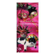 CAT WITH HARLEQUIN HAT AND MASQUERADE PARTY MASKS ANNOUNCEMENTS